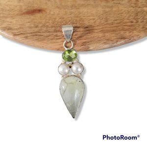 Green Prehnite Cabochon Pendant with Peridot and Faux Pearls Sterling Silver